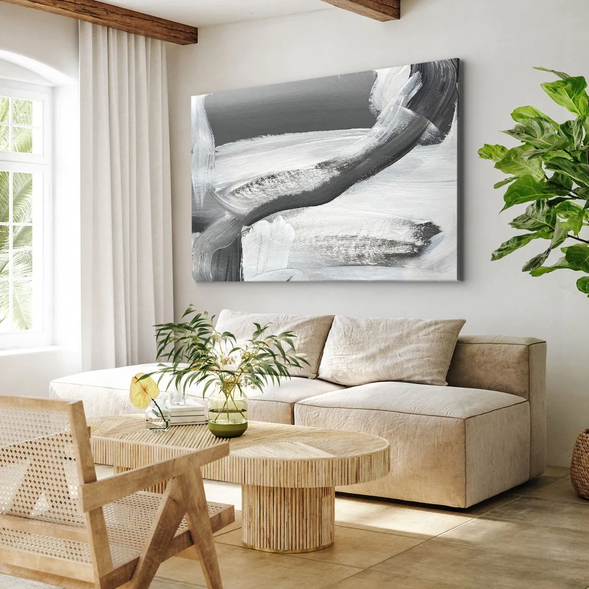 Obraz na płótnie - Szaro-biała abstrakcja z dynamicznymi liniami - 70x50cm - Zdecydowanym ruchem - Nowoczesna dekoracja ścienna do salonu i sypialni ARTTOR