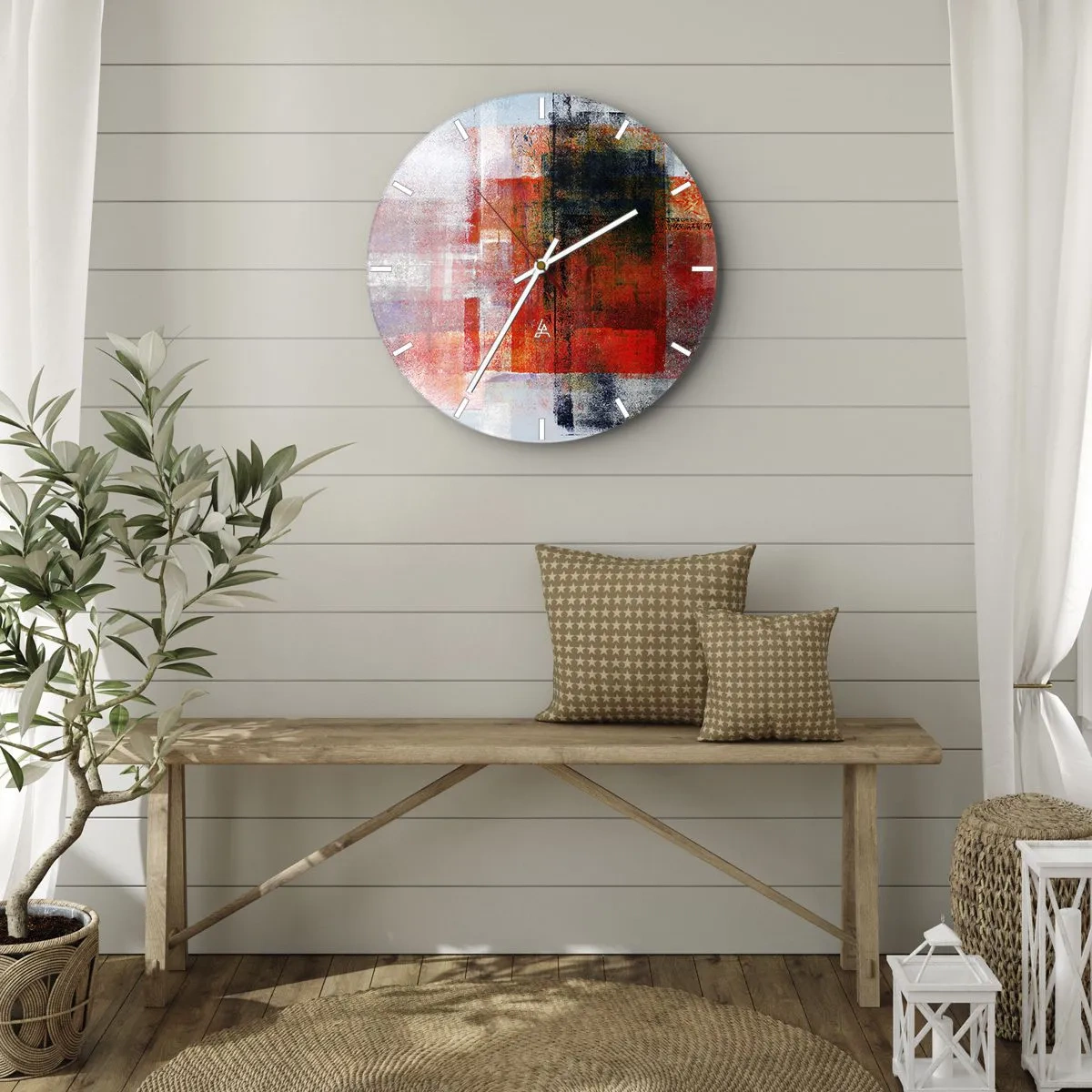 Zegar ścienny - Abstrakcyjne geometryczne formy w odcieniach czerwieni - 30x30cm - Kompozycja rozżarzona - Nowoczesna dekoracja ścienna do salonu, kuchni i sypialni ARTTOR
