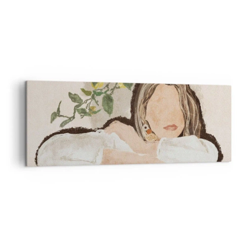 Obraz na płótnie - Postać kobiety na tle cytrynowego drzewa - 140x50cm - Piękność południa - Nowoczesna dekoracja ścienna do salonu i sypialni ARTTOR