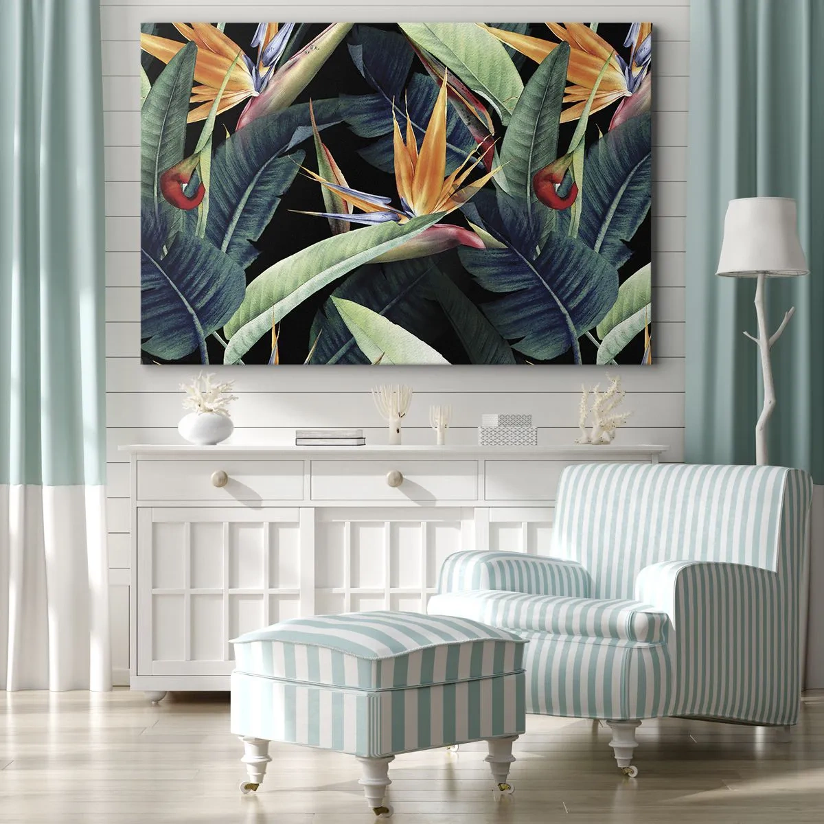Obraz na płótnie - Tropikalne kwiaty i liście na czarnym tle - 70x50cm - Płomienne kwiaty tropików - Nowoczesna dekoracja ścienna do salonu i sypialni ARTTOR