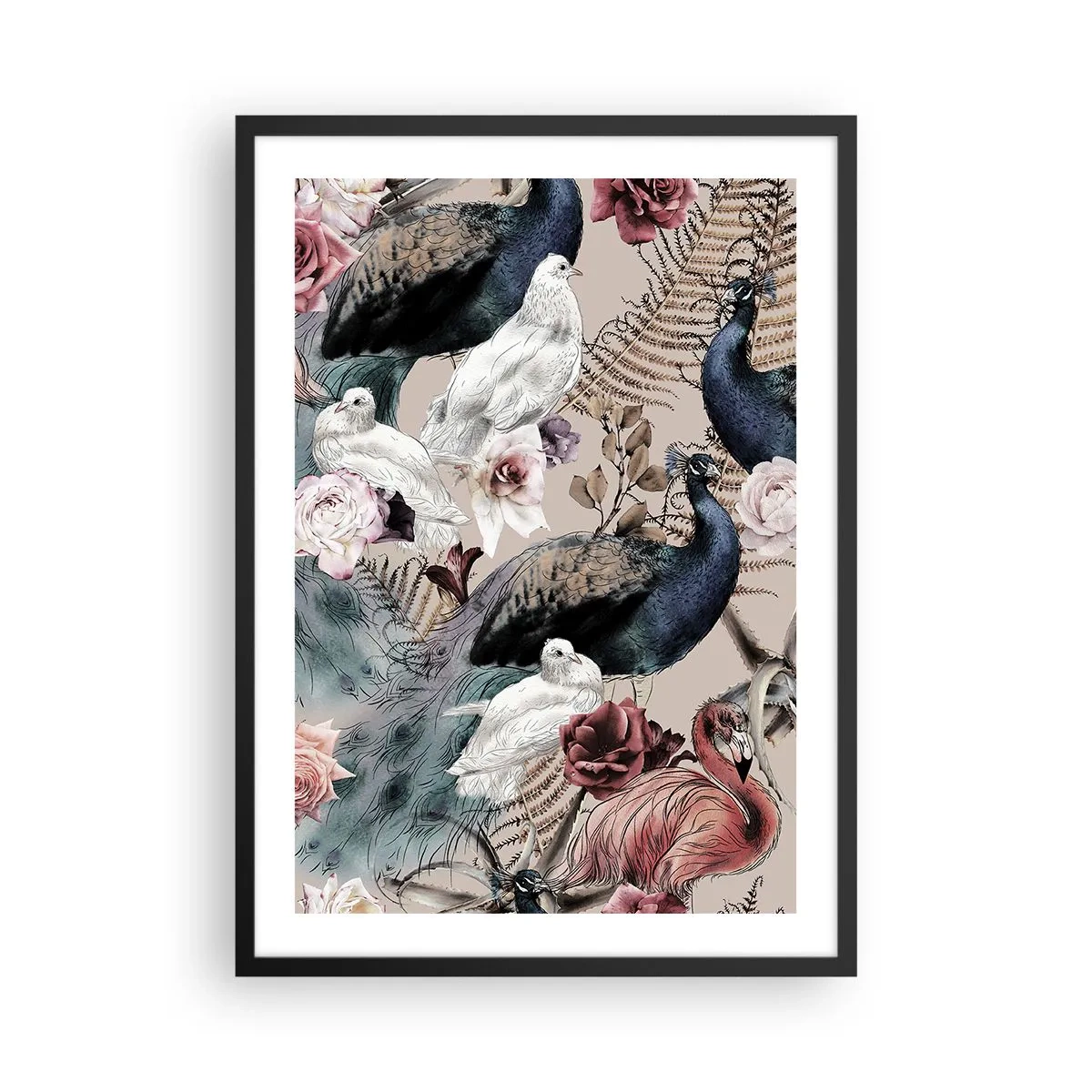 Plakat w czarnej ramie - Kolorowe ptaki i kwiaty na beżowym tle - 50x70cm - W pałacowym ogrodzie - Nowoczesna dekoracja ścienna do salonu i sypialni ARTTOR