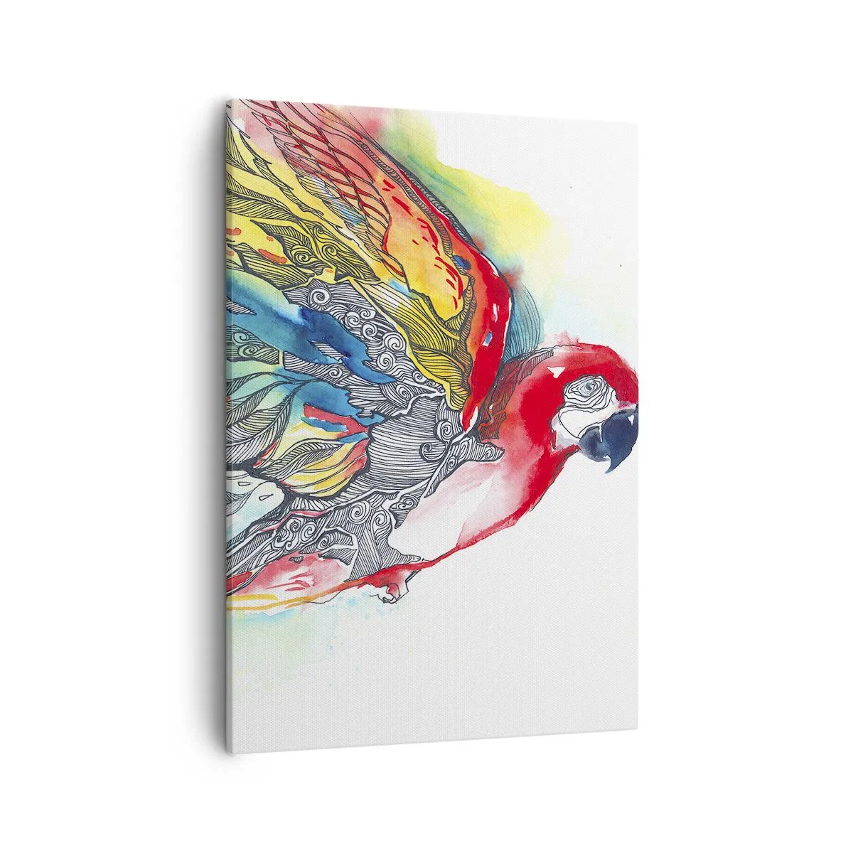 Obraz na płótnie - Papuga z kolorowymi piórami i dynamicznym tłem - 50x70cm - Żyj kolorowo - Nowoczesna dekoracja ścienna do salonu, kuchni i sypialni ARTTOR