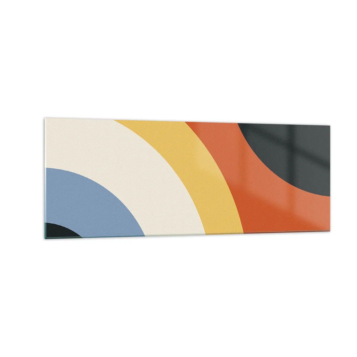 Obraz na szkle - Abstrakcyjna grafika z kolorowymi łukami i kontrastowymi kołami - 140x50cm - Ku sobie - Nowoczesna dekoracja ścienna do salonu i sypialni ARTTOR