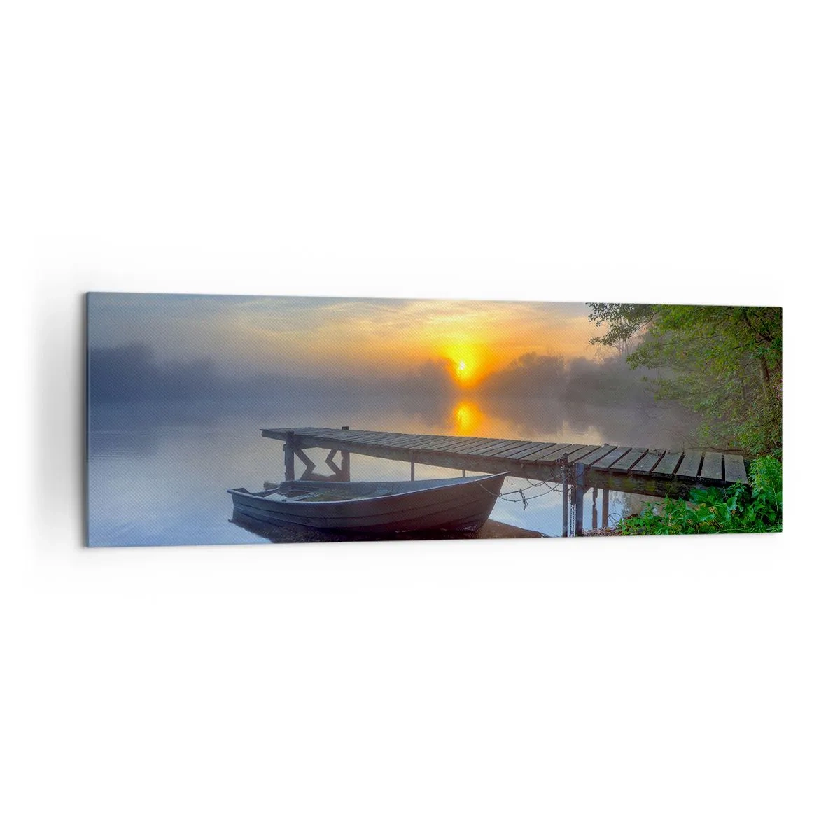 Obraz na płótnie - Pomost nad jeziorem o wschodzie słońca z łodzią przy brzegu - 160x50cm - Jak zwyczajne zamienia się w magiczne - Nowoczesna dekoracja ścienna do salonu i sypialni ARTTOR