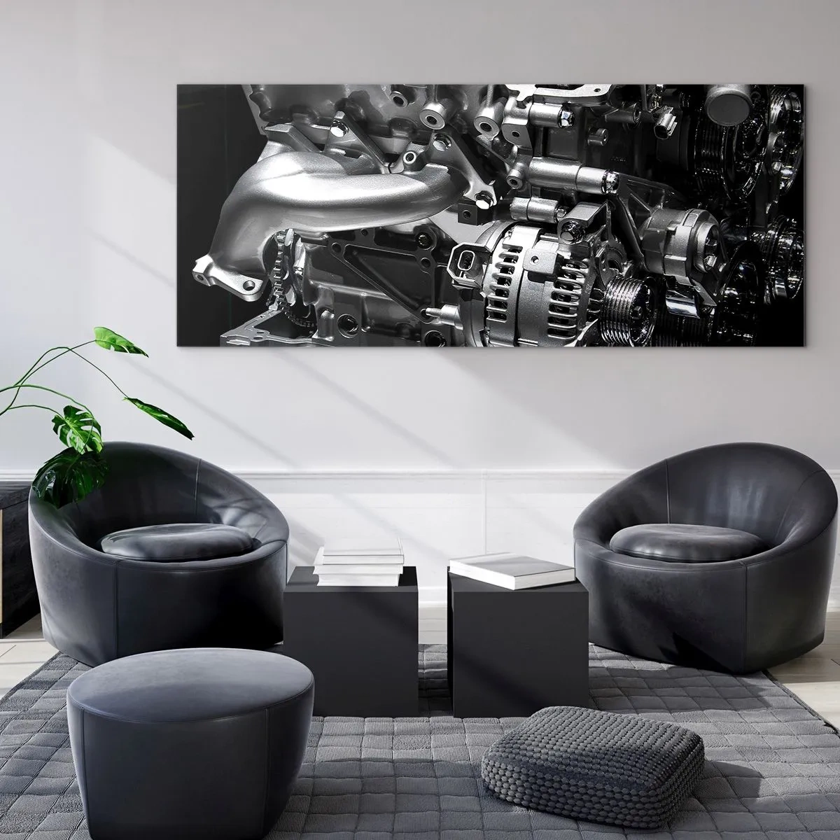Obraz na szkle - Metalowe części silnika w zbliżeniu na czarnym tle - 140x50cm - Stalowy, piękny, silny - Nowoczesna dekoracja ścienna do salonu i sypialni ARTTOR