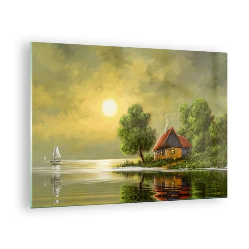 Obraz na szkle - Malowniczy pejzaż z chatą nad jeziorem o zachodzie słońca - 70x50cm - Pięknie, jak z obrazka - Nowoczesna dekoracja ścienna do salonu i sypialni ARTTOR