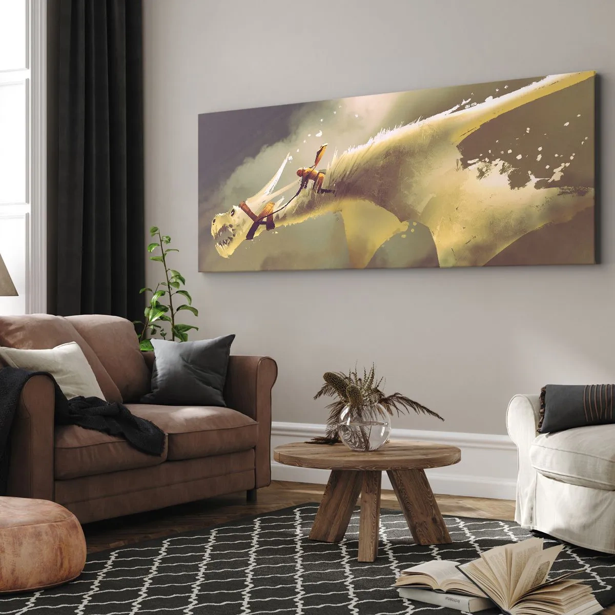 Obraz na płótnie - Ilustracja jeźdźca na smoku w fantastycznej scenerii chmur - 120x50cm - Światu na ratunek - Nowoczesna dekoracja ścienna do salonu i sypialni ARTTOR
