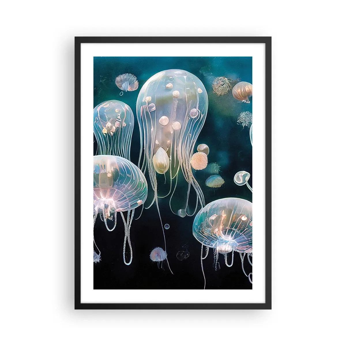 Plakat w czarnej ramie - Subtelne meduzy unoszące się w morskiej toni - 50x70cm - Podwodny bal - Nowoczesna dekoracja ścienna do salonu i sypialni ARTTOR