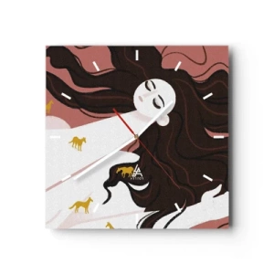 Zegar ścienny - Postać z zamkniętymi oczami otoczona złotymi końmi - 30x30cm - Sen o złotym koniu - Nowoczesna dekoracja ścienna do salonu i sypialni ARTTOR