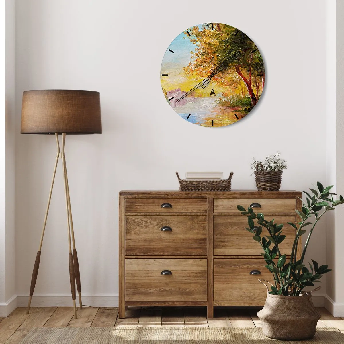 Zegar ścienny - Jesienne drzewa nad rzeką w ciepłym świetle słońca - 30x30cm - Et in Arcadia ego - Nowoczesna dekoracja ścienna do salonu, kuchni i sypialni ARTTOR