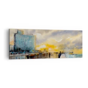 Obraz na płótnie - Malowniczy widok promenady nadmorskiej o zachodzie słońca - 140x50cm - Życie na brzegu - Nowoczesna dekoracja ścienna do salonu i sypialni ARTTOR