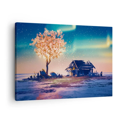 Obraz na płótnie - Dom i kwitnące drzewo pod nocnym niebem - 70x50cm - Natura nie przemija - Nowoczesna dekoracja ścienna do salonu i sypialni ARTTOR
