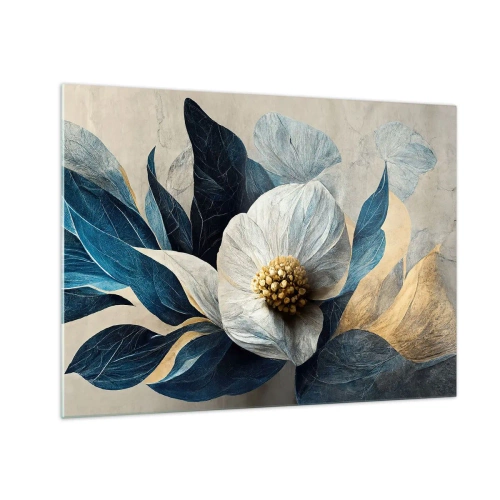 Obraz na szkle - Biała kwiatowa kompozycja z granatowymi liśćmi i złotym środkiem - 70x50cm - Ma złote serce - Nowoczesna dekoracja ścienna do salonu i sypialni ARTTOR