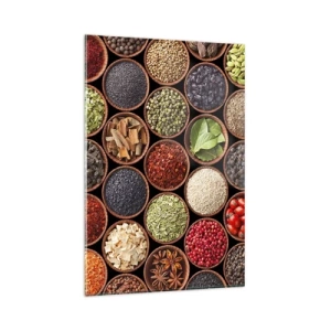 Obraz na szkle - Kolorowe przyprawy w okrągłych pojemnikach - 80x120cm - Wszystkie smaki świata - Nowoczesna dekoracja ścienna do salonu i sypialni ARTTOR