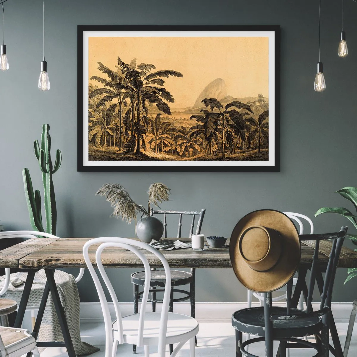 Plakat w czarnej ramie - Rysunek bananowców na tle tropikalnego krajobrazu - 70x50cm - w kolonialnym klimacie - Nowoczesna dekoracja ścienna do salonu i sypialni ARTTOR