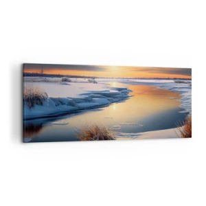 Obraz na płótnie - Zimowy krajobraz z rzeką o zachodzie słońca - 120x50cm - Zimowy zachód słońca - Nowoczesna dekoracja ścienna do salonu i sypialni ARTTOR