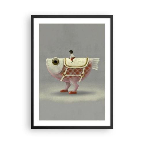 Plakat w czarnej ramie - Fantazyjna ryba z siodłem i postacią na tle szarości - 50x70cm - Ryboński jeździec - Nowoczesna dekoracja ścienna do salonu i sypialni ARTTOR