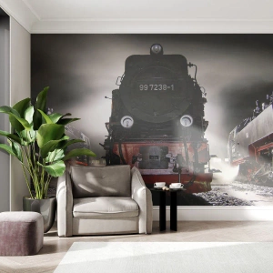Fototapeta Standard Eco - Parowóz wśród dymu i świateł w industrialnym klimacie - 100x70cm - Stoi i sapie, dyszy i dmucha - Nowoczesna dekoracja ścienna do salonu i sypialni ARTTOR