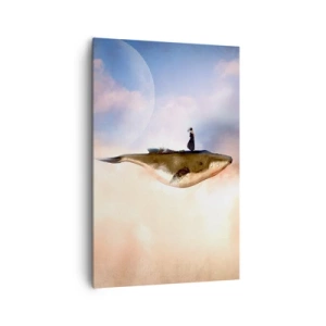 Obraz na płótnie - Fantastyczna scena kobiety na wielorybie wśród chmur - 80x120cm - Nadrealna podróż - Nowoczesna dekoracja ścienna do salonu i sypialni ARTTOR
