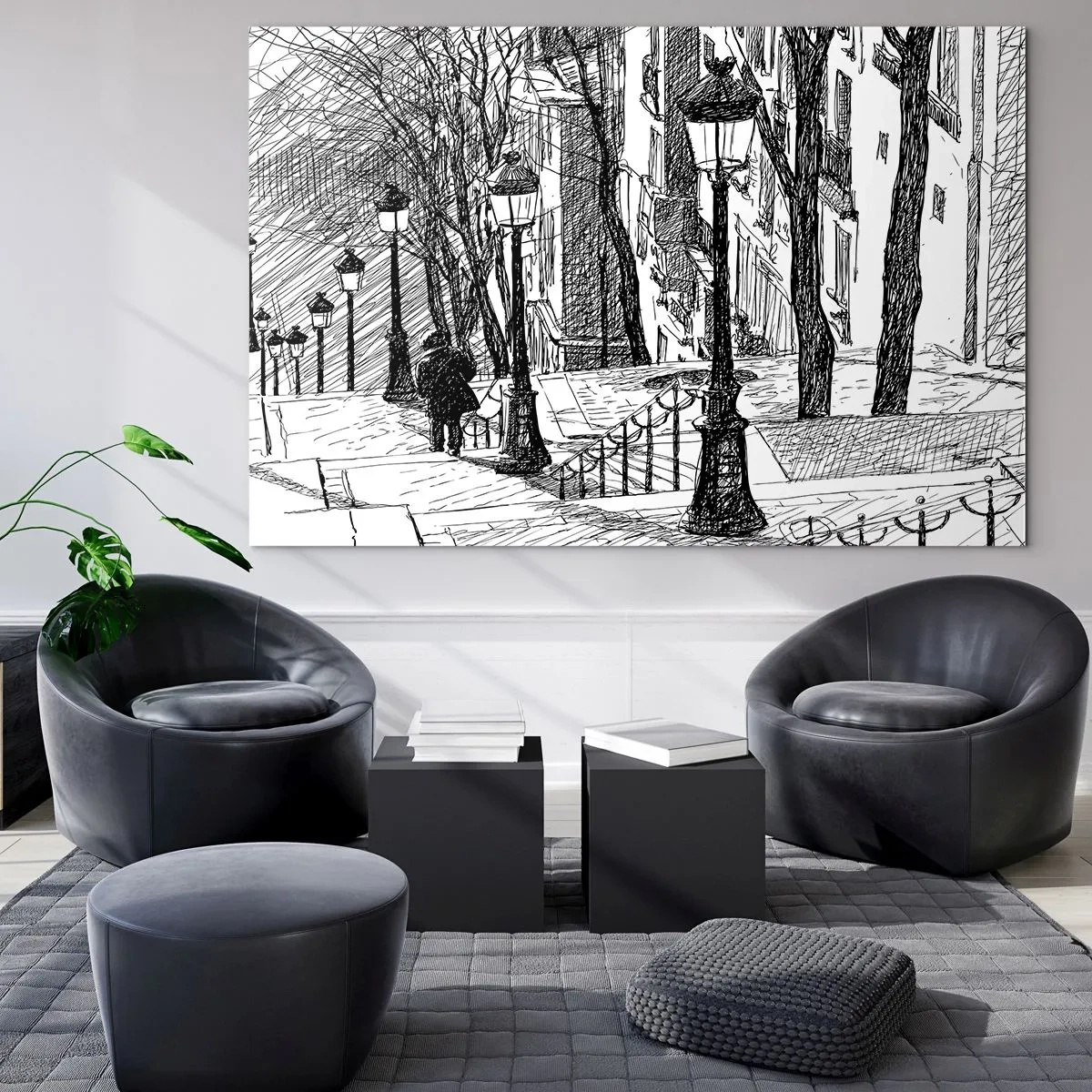Obraz na szkle - Czarno-biały rysunek miejskiej uliczki z latarniami - 100x70cm - Historia miłosna czy opowieśc grozy? - Nowoczesna dekoracja ścienna do salonu, kuchni i sypialni ARTTOR