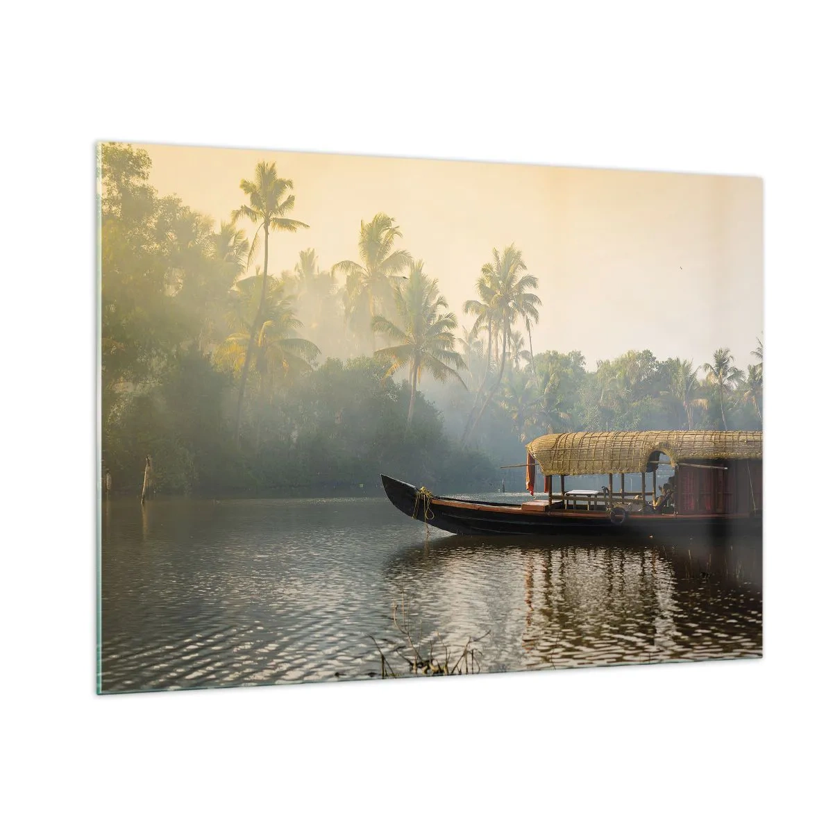 Obraz na szkle - Łódź na spokojnej rzece w otoczeniu palm o poranku - 100x70cm - Dom na rzece - Nowoczesna dekoracja ścienna do salonu, kuchni i sypialni ARTTOR