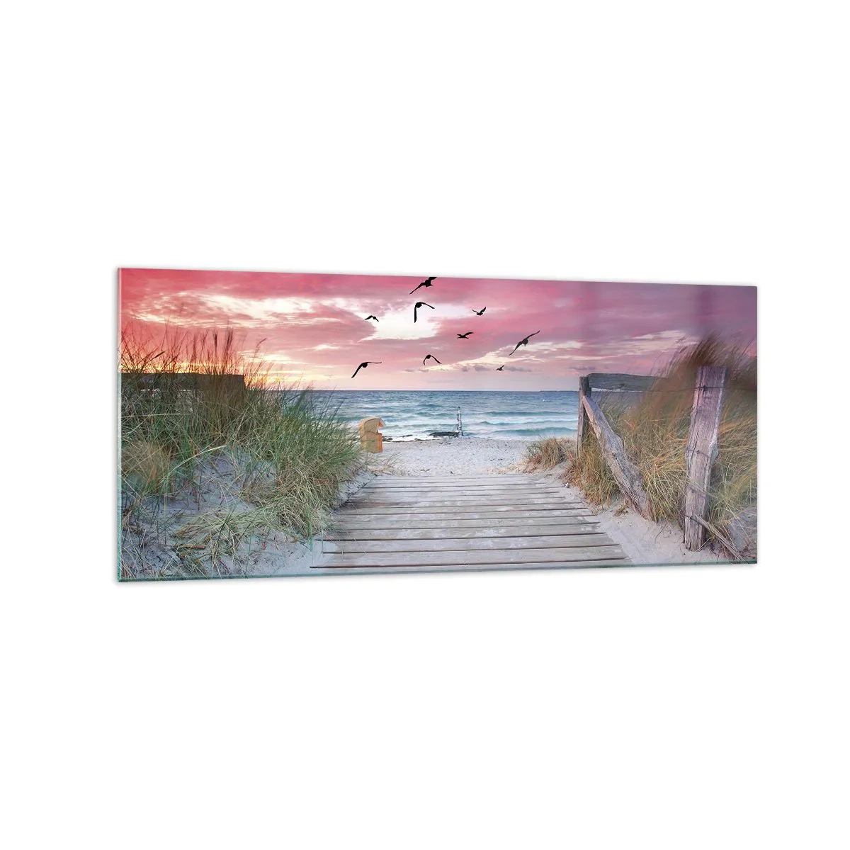 Obraz na szkle - Drewniana ścieżka na plaży o różowym zachodzie słońca - 120x50cm - Bałtycka impresja - Nowoczesna dekoracja ścienna do salonu i sypialni ARTTOR