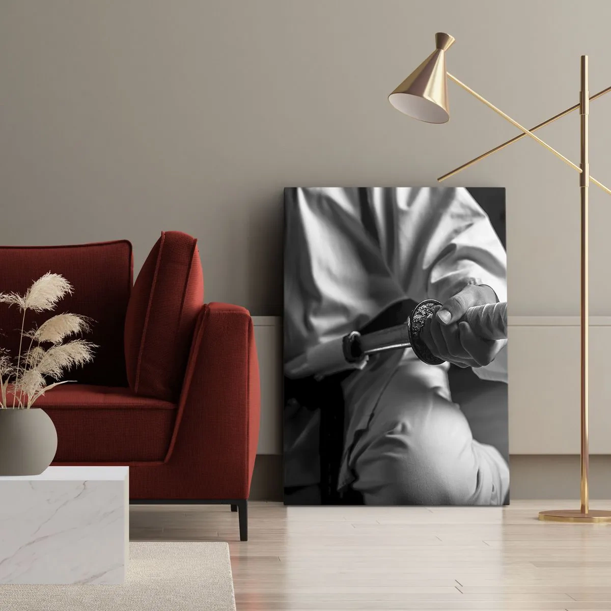 Obraz na płótnie - Samuraj w kimono trzymający katanę w czarno-białej tonacji - 80x120cm - Dusza wojownika - Nowoczesna dekoracja ścienna do salonu i sypialni ARTTOR