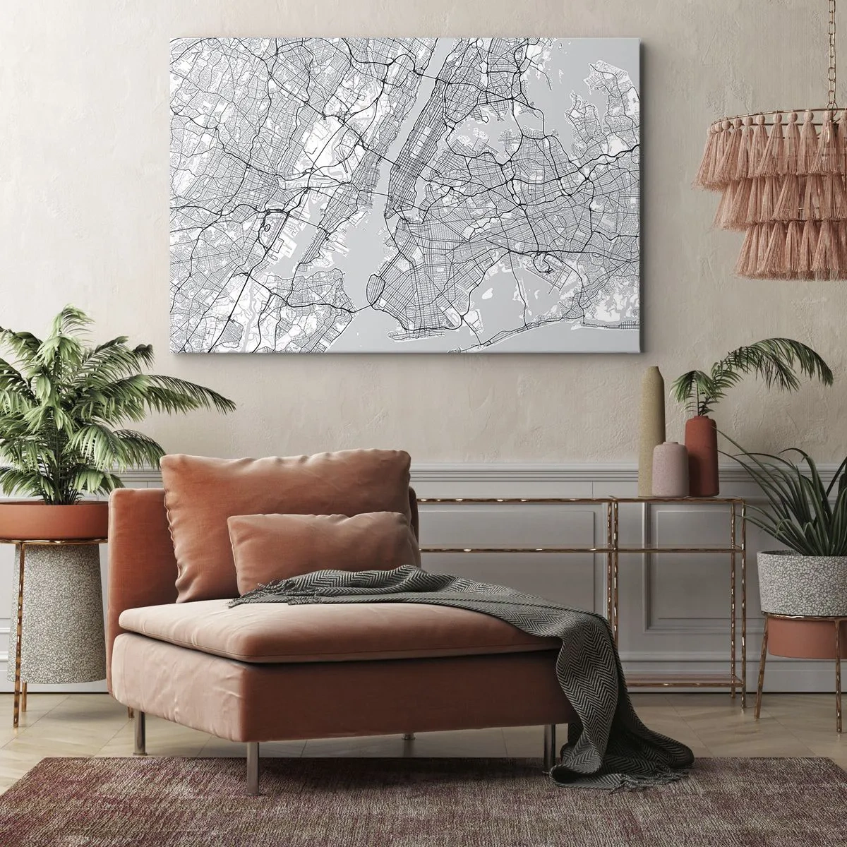 Obraz na płótnie - Mapa miasta w minimalistycznym stylu na szarym tle - 70x50cm - Anatomia metropolii - Nowoczesna dekoracja ścienna do salonu i sypialni ARTTOR