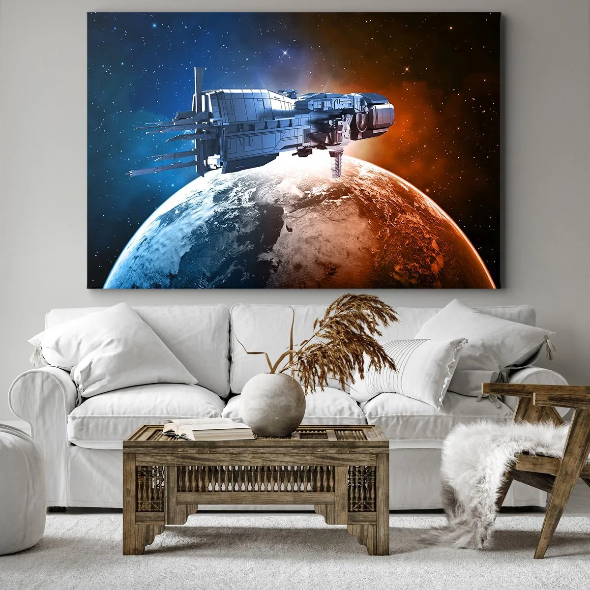 Obraz na płótnie - Statek kosmiczny na tle planety w przestrzeni - 70x50cm - Uważny obserwator - Nowoczesna dekoracja ścienna do salonu i sypialni ARTTOR