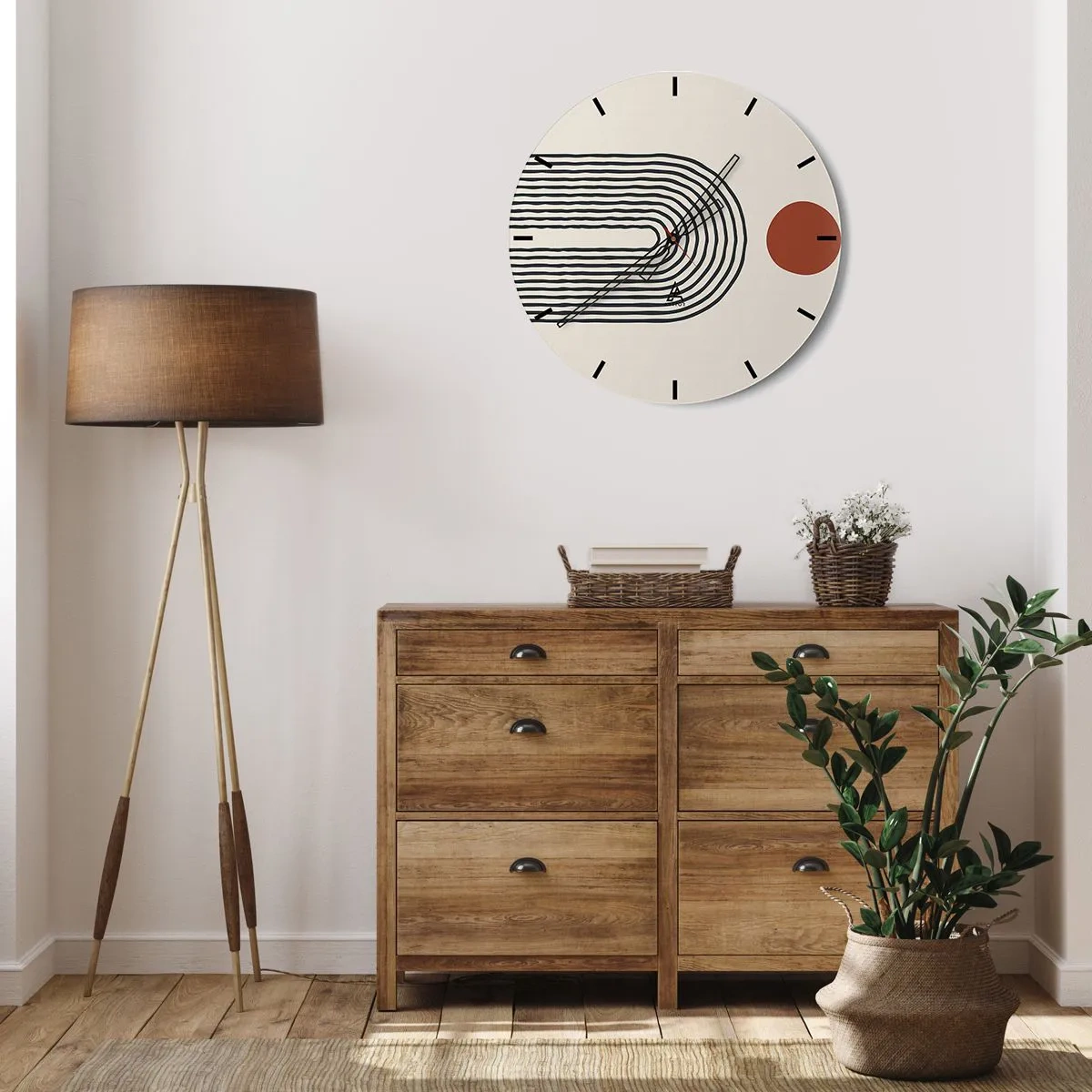 Zegar ścienny - Geometryczna abstrakcja z pasami i blokami kolorów na jasnym tle - 30x30cm - Magnetyzm kształtów i barw - Nowoczesna dekoracja ścienna do salonu, kuchni i sypialni ARTTOR