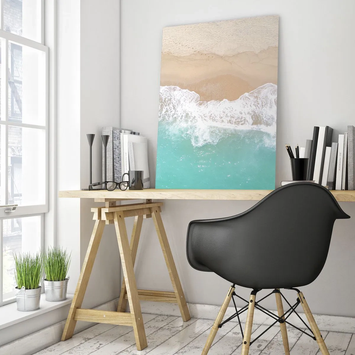 Obraz na szkle - Widok z lotu ptaka na plażę z turkusową wodą i białymi falami - 50x70cm - Pieszczotliwy dotyk - Nowoczesna dekoracja ścienna do salonu, kuchni i sypialni ARTTOR