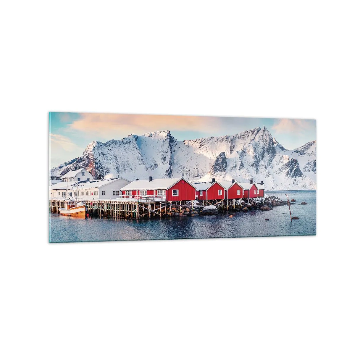Obraz na szkle - Czerwone domki na tle śnieżnych gór i błękitnego morza - 120x50cm - Północne ustronie - Nowoczesna dekoracja ścienna do salonu i sypialni ARTTOR