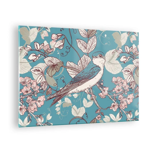 Obraz na szkle - Ptak na gałęzi wśród kwiatów na turkusowym tle - 70x50cm - W białodrzewiu ćwirnie i srebliście - Nowoczesna dekoracja ścienna do salonu i sypialni ARTTOR