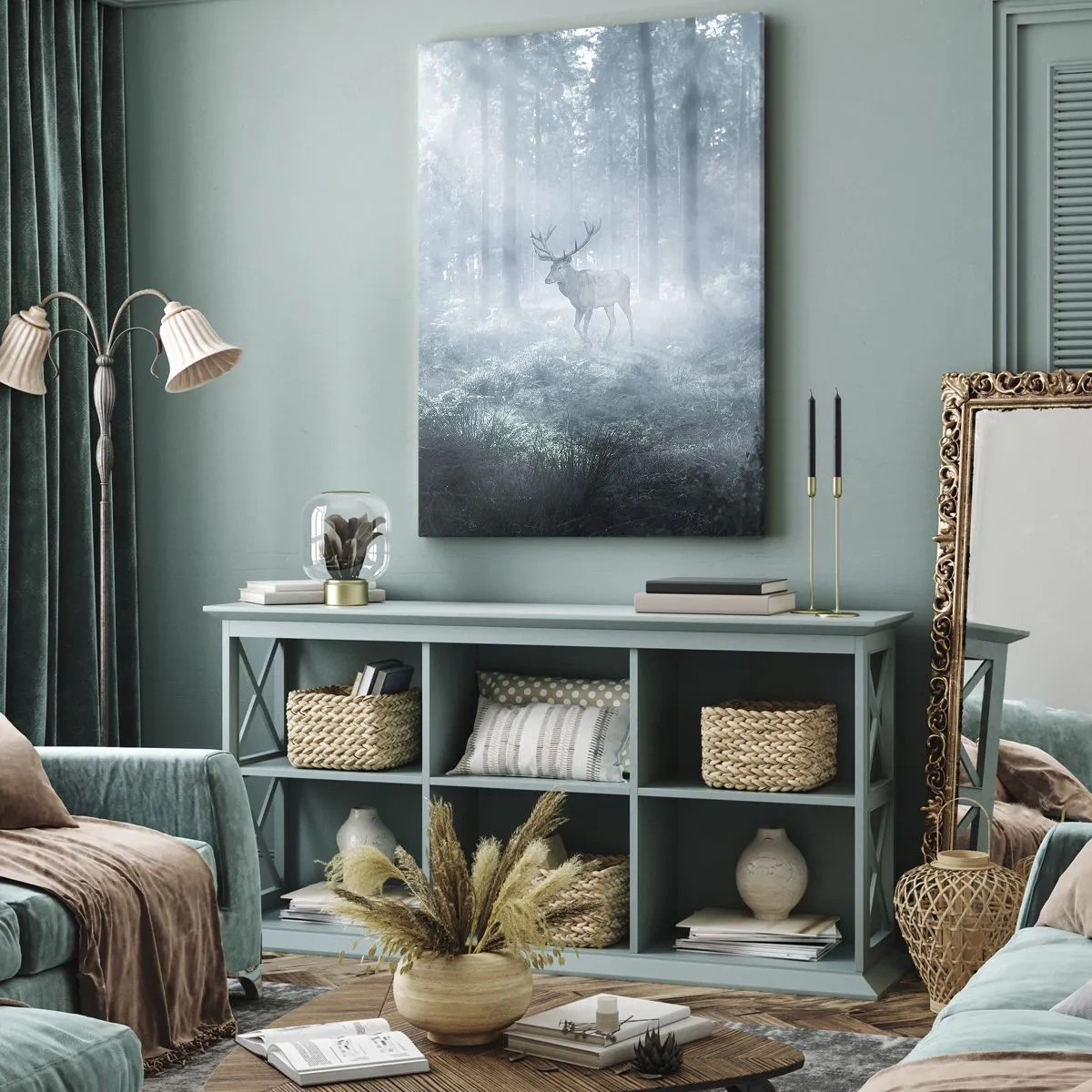 Obraz na płótnie - Jeleń w gęstej mgle leśnej - 50x70cm - Poranny obchód włości - Nowoczesna dekoracja ścienna do salonu, kuchni i sypialni ARTTOR