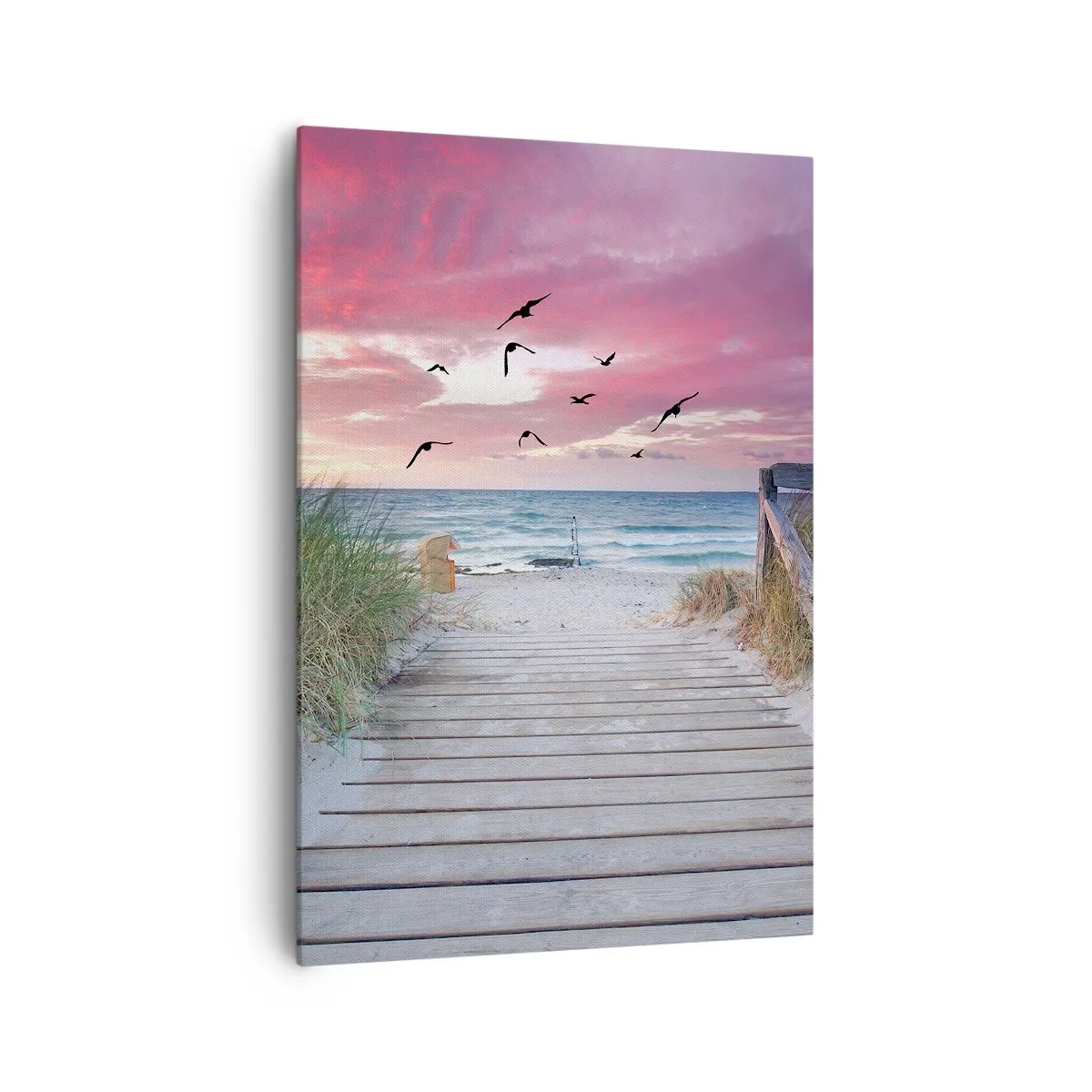 Obraz na płótnie - Drewniana ścieżka na plaży o różowym zachodzie słońca - 70x100cm - Bałtycka impresja - Nowoczesna dekoracja ścienna do salonu i sypialni ARTTOR