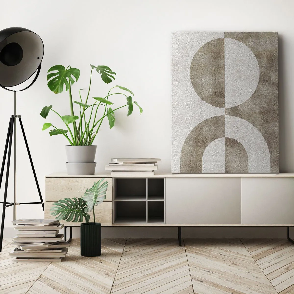 Obraz na płótnie - Minimalistyczna grafika geometryczna w odcieniach beżu i bieli. - 50x70cm - Podobieństwa i różnice - Nowoczesna dekoracja ścienna do salonu, kuchni i sypialni ARTTOR