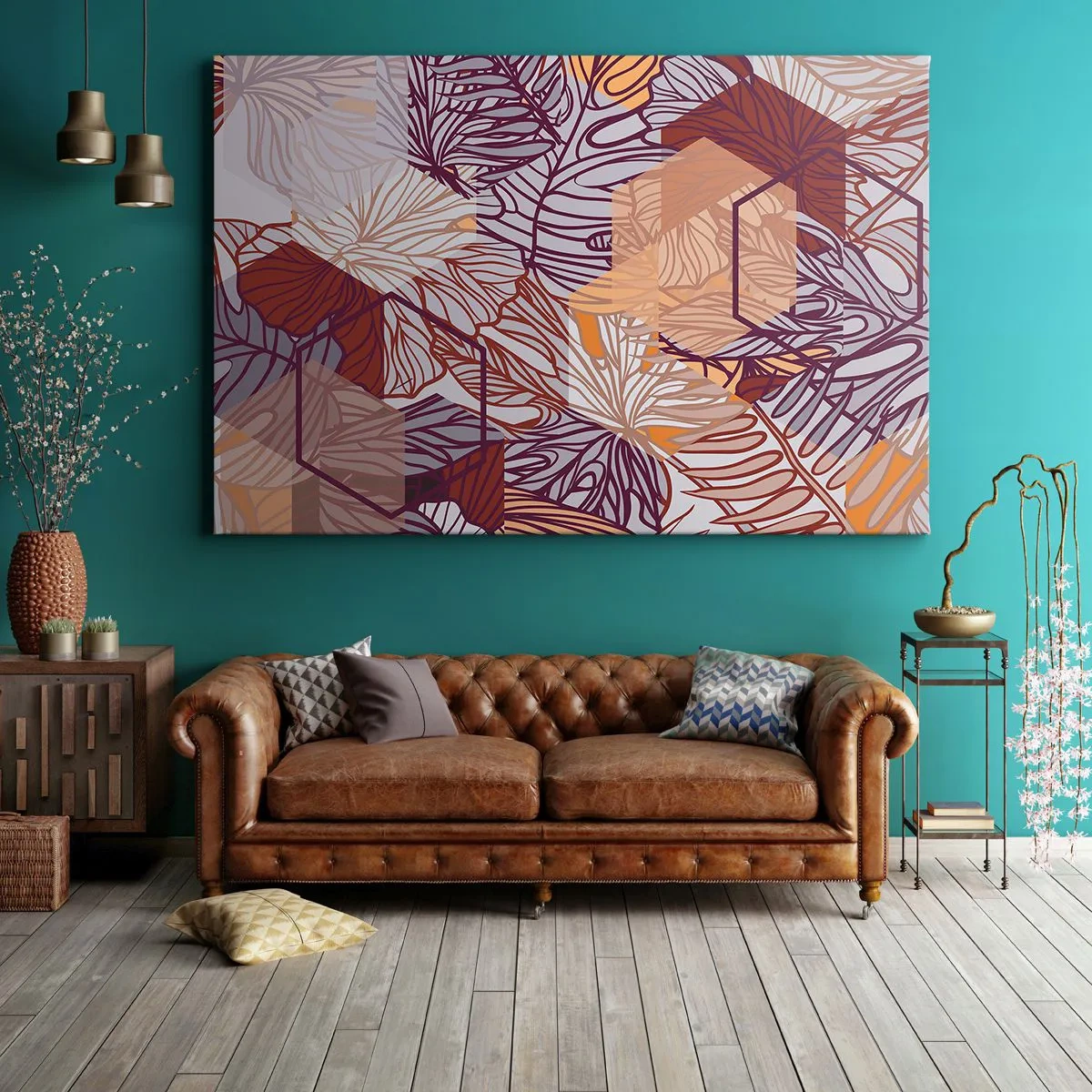 Obraz na płótnie - Dekoracyjny wzór liści tropikalnych w odcieniach fioletu, pomarańczu i beżu - 120x80cm - Związek niemozliwy geometrii i natury - Nowoczesna dekoracja ścienna do salonu, kuchni i sypialni ARTTOR