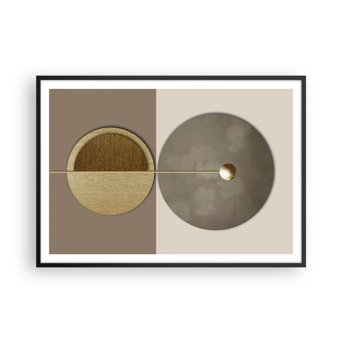 Plakat w czarnej ramie - Abstrakcyjne koła w odcieniach złota i beżu - 100x70cm - Doskonała równowaga - Nowoczesna dekoracja ścienna do salonu i sypialni ARTTOR