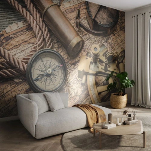 Fototapeta Samoprzylepna Deluxe Sticker - Wyznacz kurs - Marynistyczne, Mapa Świata, Kompas - 500x350 cm