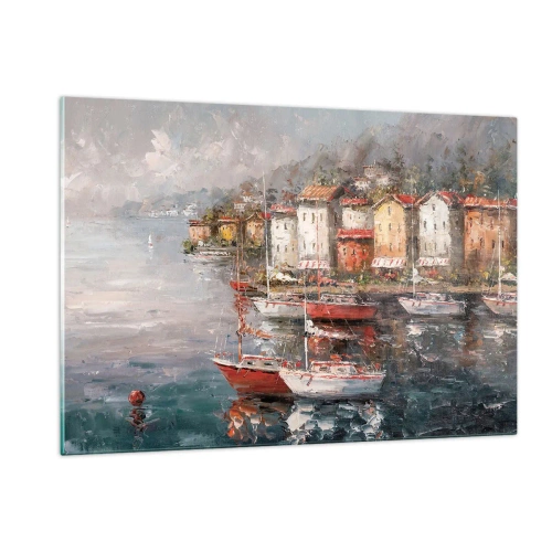 Obraz na szkle - Malowniczy port z żaglówkami i kolorowymi domkami - 120x80cm - Romantyczna przystań - Nowoczesna dekoracja ścienna do salonu, kuchni i sypialni ARTTOR