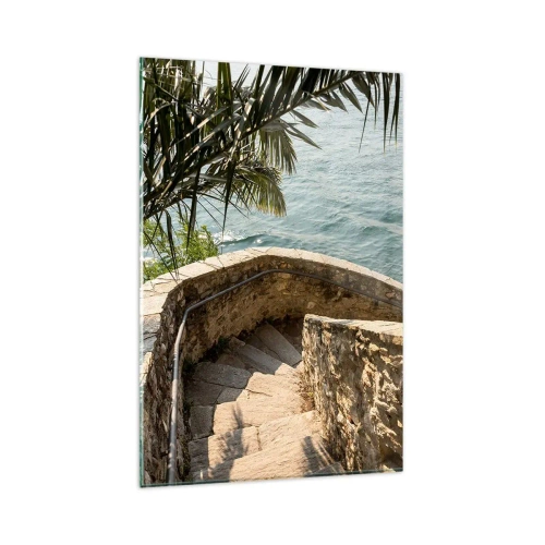 Obraz na szkle - Kamienne schody prowadzące w dół nad turkusową wodę otoczoną palmami - 80x120cm - Pod słońcem Italii - Nowoczesna dekoracja ścienna do salonu i sypialni ARTTOR