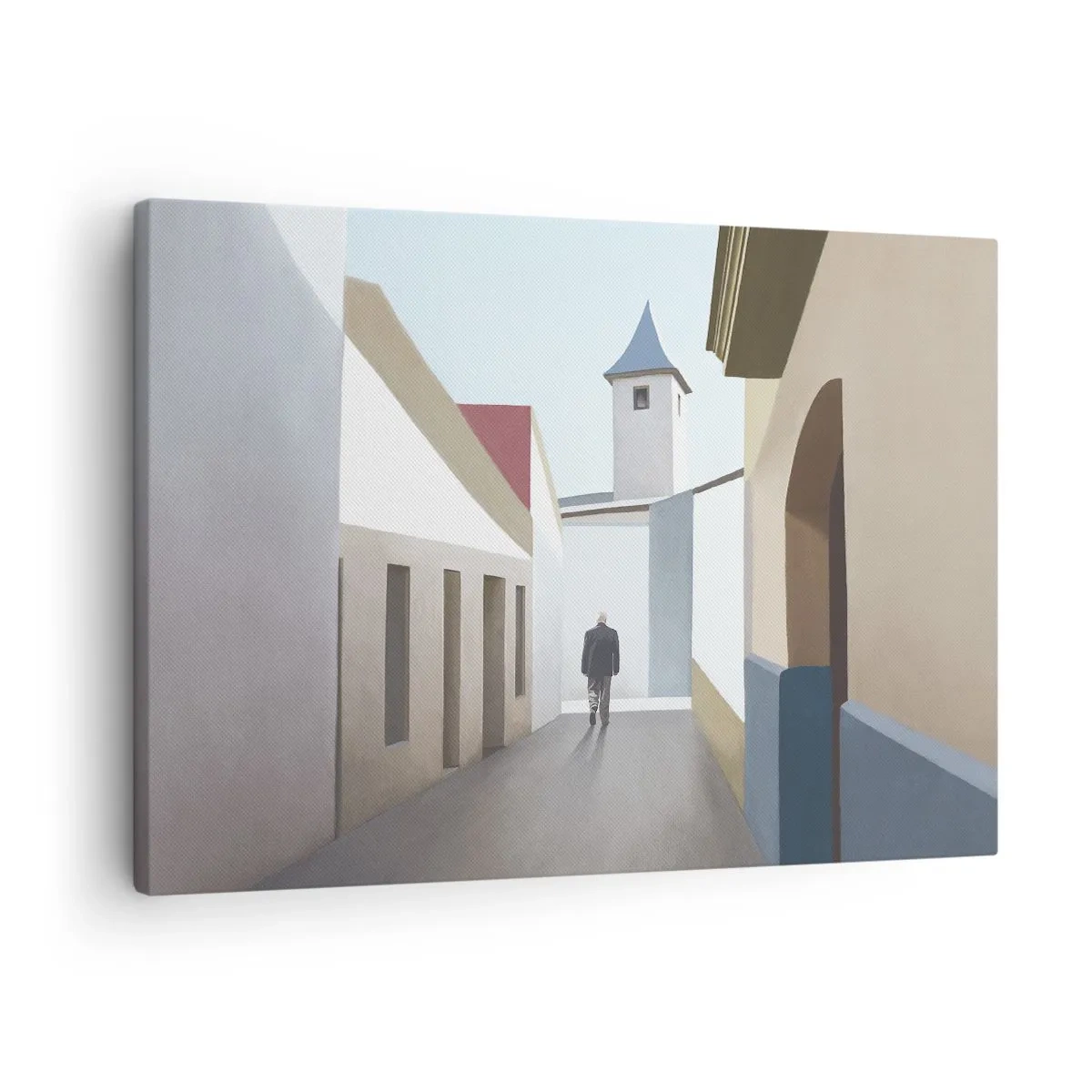 Obraz na płótnie - Minimalistyczna uliczka z sylwetką mężczyzny w tle - 70x50cm - Słoneczny spacer - Nowoczesna dekoracja ścienna do salonu i sypialni ARTTOR