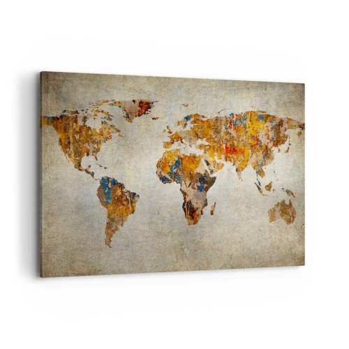 Obraz na płótnie - Mapa świata w stylu vintage z kolorowymi akcentami - 100x70cm - Naprawdę wielki świat - Nowoczesna dekoracja ścienna do salonu, kuchni i sypialni ARTTOR