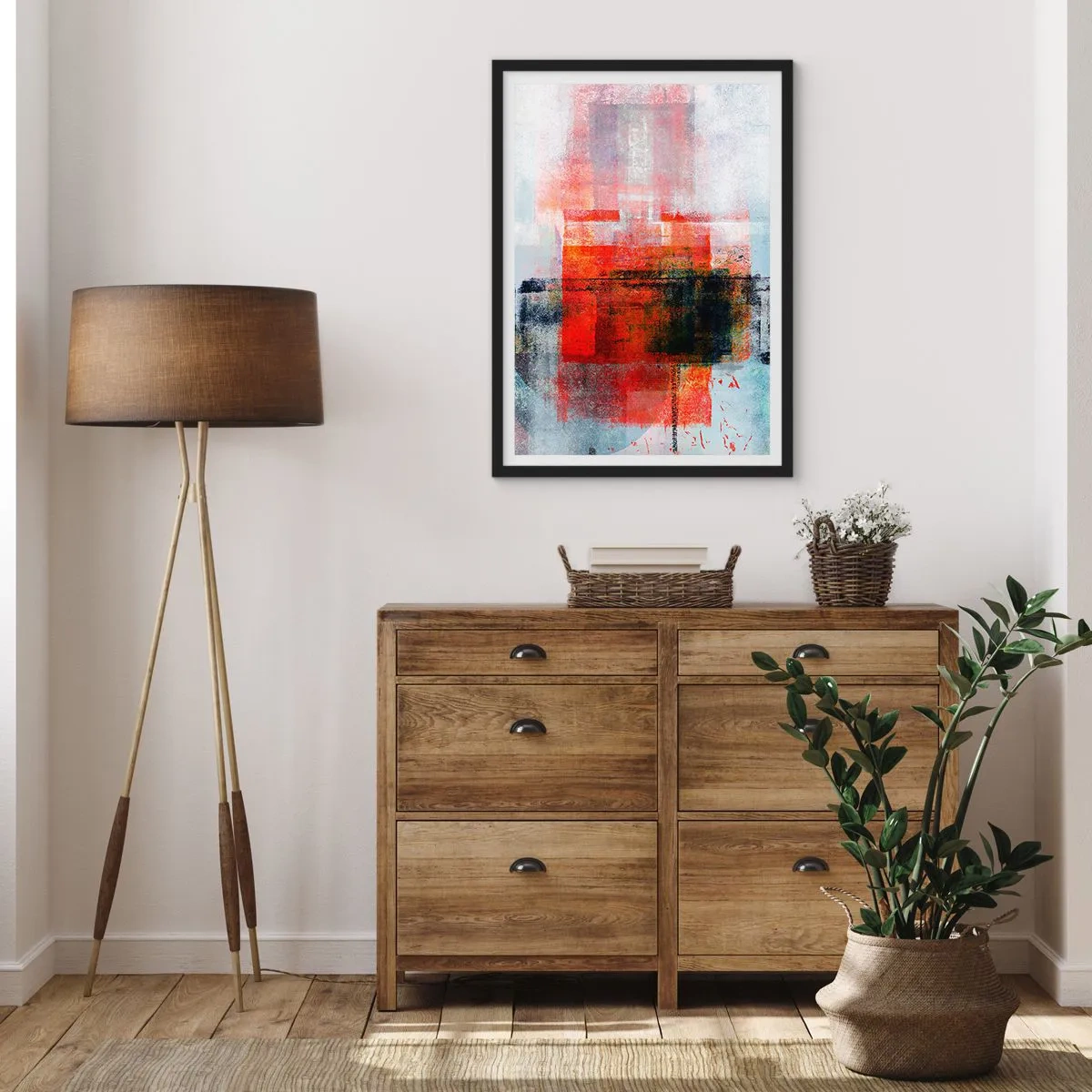 Plakat w czarnej ramie - Geometryczna abstrakcja w intensywnych odcieniach czerwieni - 50x70cm - Kompozycja rozżarzona - Nowoczesna dekoracja ścienna do salonu i sypialni ARTTOR