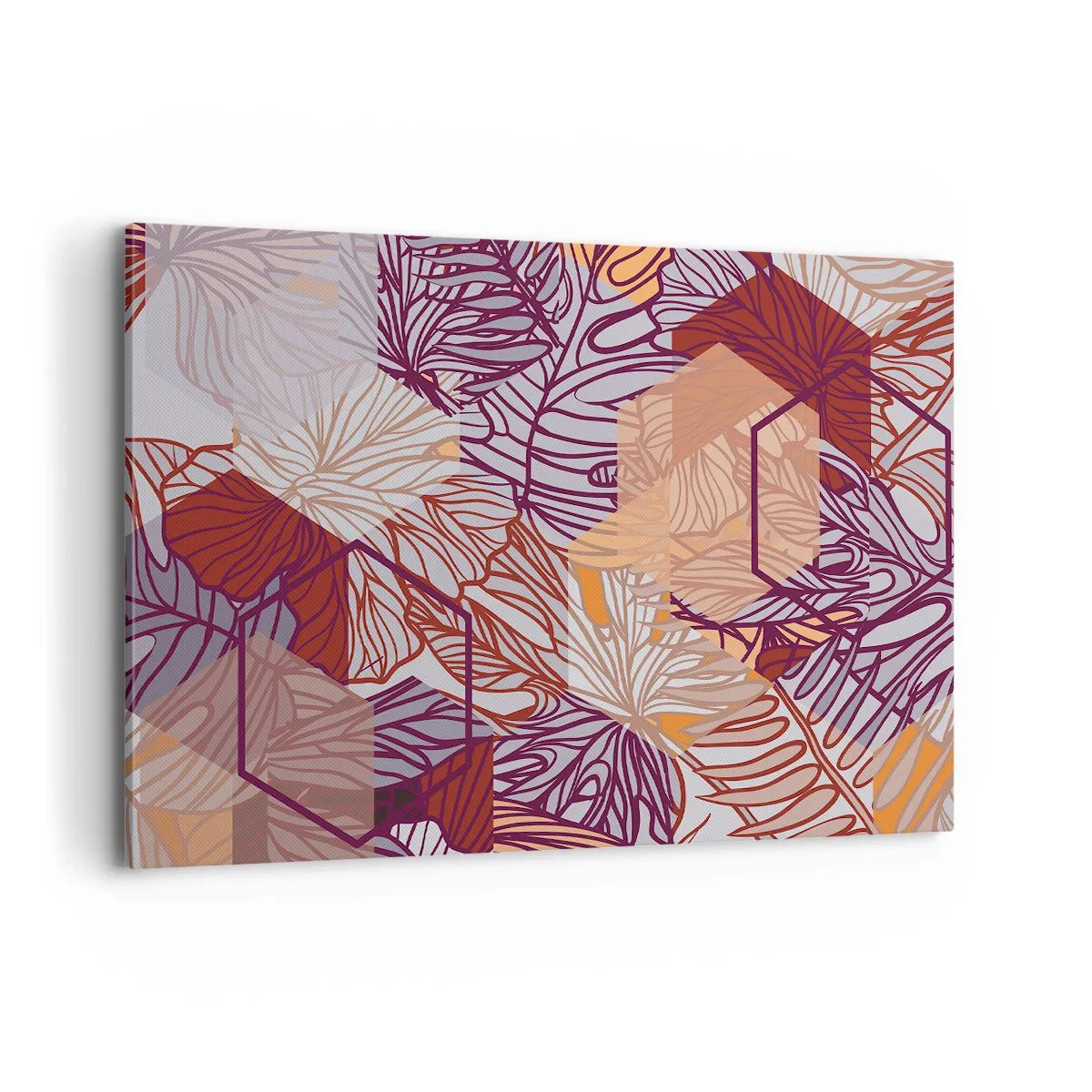 Obraz na płótnie - Dekoracyjny wzór liści tropikalnych w odcieniach fioletu, pomarańczu i beżu - 120x80cm - Związek niemozliwy geometrii i natury - Nowoczesna dekoracja ścienna do salonu, kuchni i sypialni ARTTOR