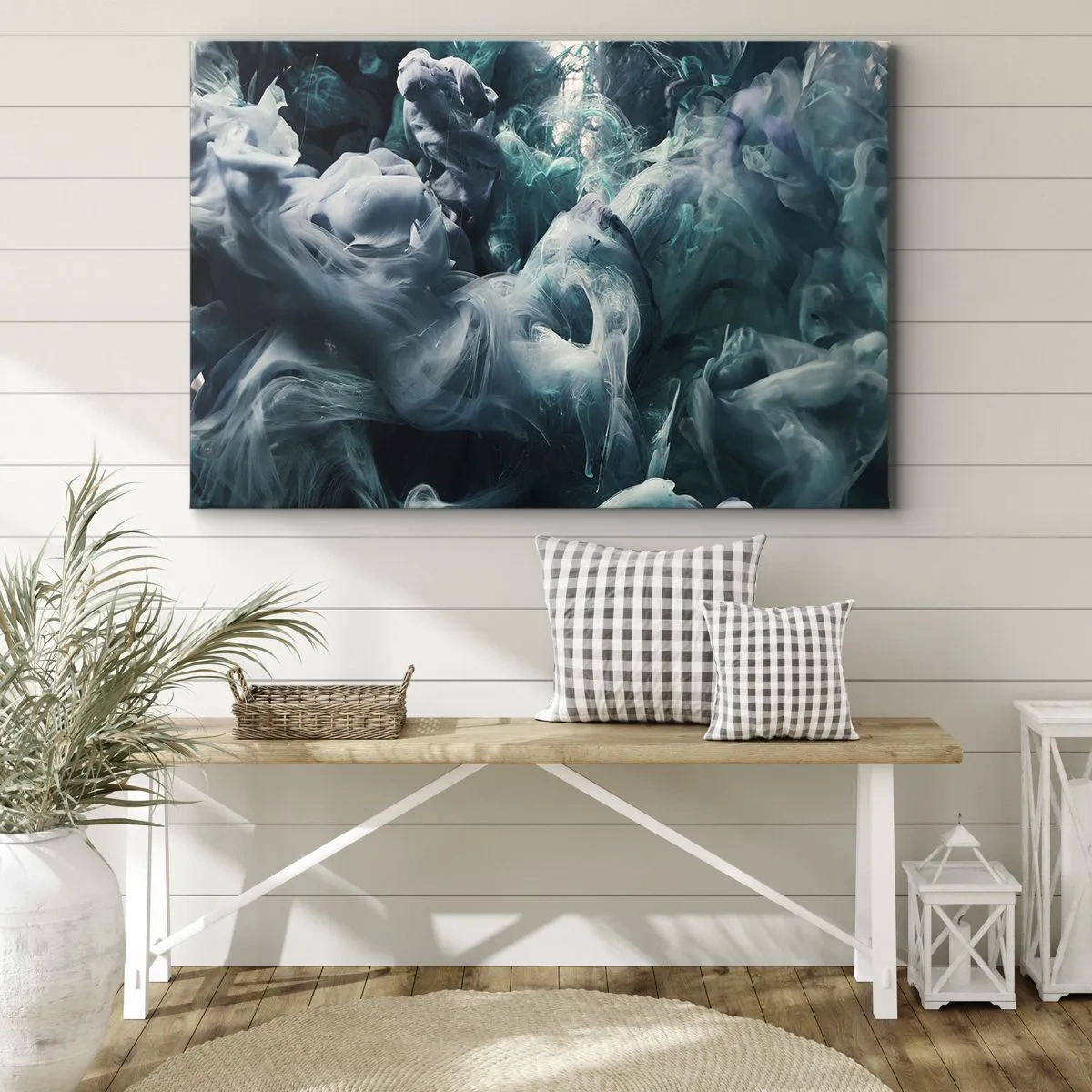 Obraz na płótnie - Dynamiczne abstrakcyjne fale w odcieniach błękitu i bieli - 70x50cm - Ruch koloru - Nowoczesna dekoracja ścienna do salonu i sypialni ARTTOR