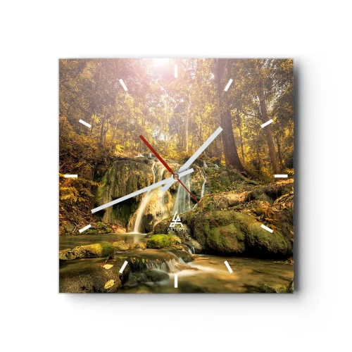 Zegar ścienny - Leśny wodospad w promieniach słońca otoczony zielenią - 30x30cm - Leśna kaskada w zieleni - Nowoczesna dekoracja ścienna do salonu i sypialni ARTTOR