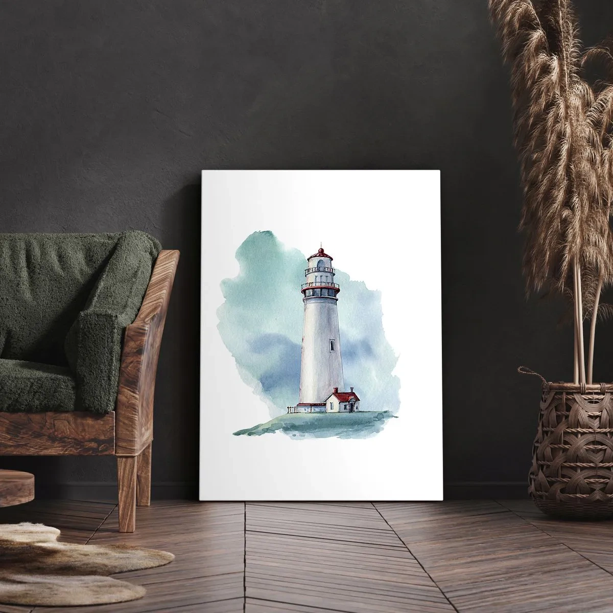 Obraz na płótnie - Akwarelowa latarnia morska na tle błękitnego nieba - 50x70cm - Łagodna siostra błękitu - Nowoczesna dekoracja ścienna do salonu, kuchni i sypialni ARTTOR
