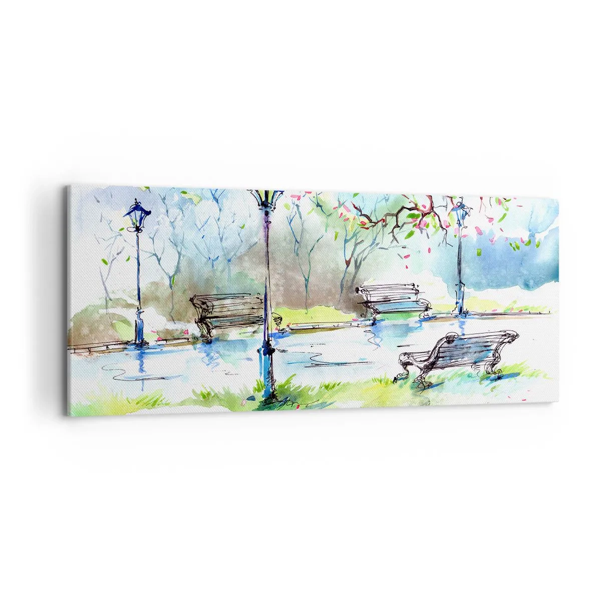 Obraz na płótnie - Akwarelowa scena parku z ławkami i lampami - 120x50cm - Czar parkowej ciszy - Nowoczesna dekoracja ścienna do salonu i sypialni ARTTOR