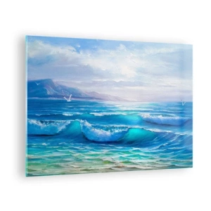 Obraz na szkle - Błękitne fale morskie uderzające o brzeg w słoneczny dzień - 70x50cm - Niesie ukojenie - Nowoczesna dekoracja ścienna do salonu i sypialni ARTTOR